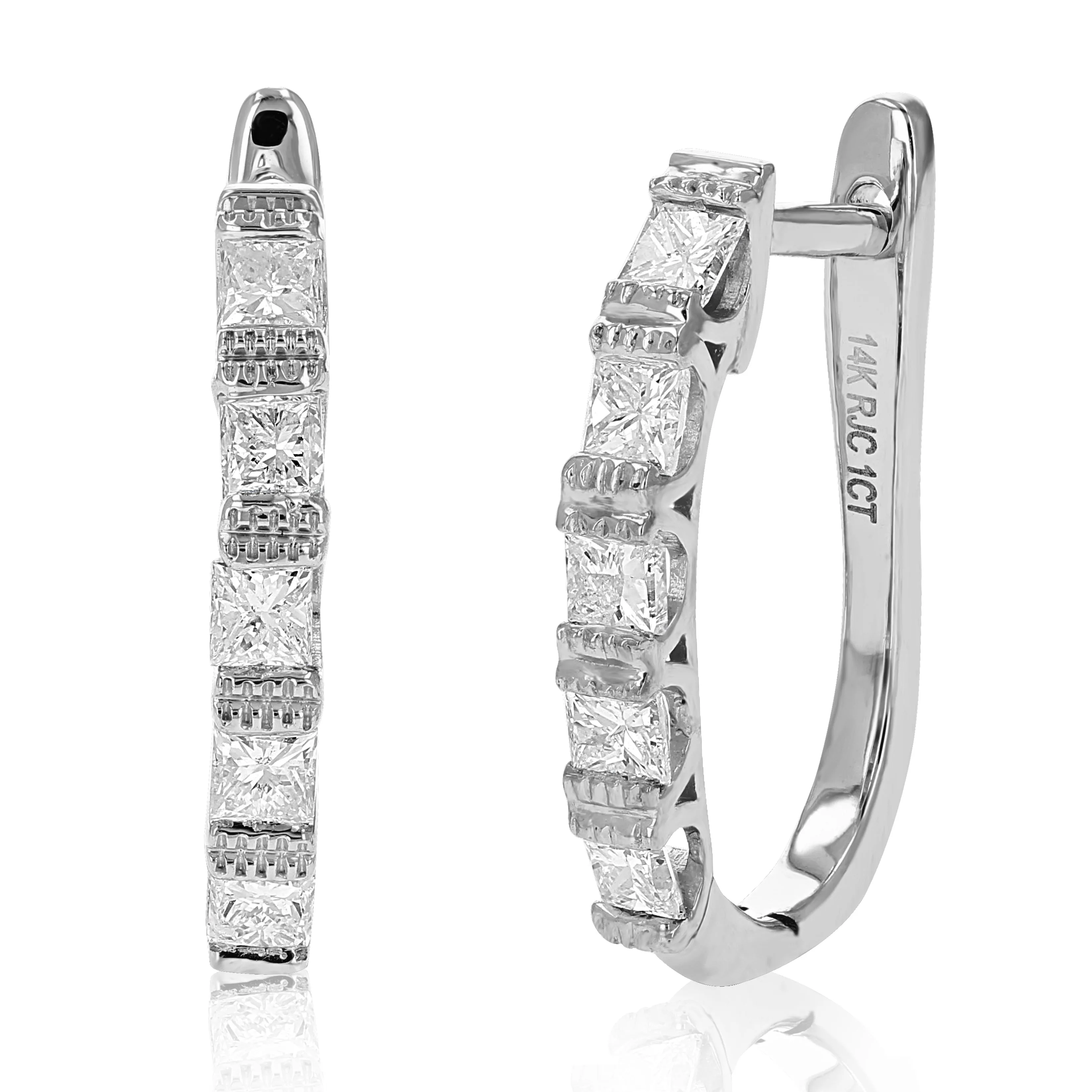 1 cttw Princess Diamond Hoop Earrings 14K White Gold Milgrain Prong Set 3/4 Inch