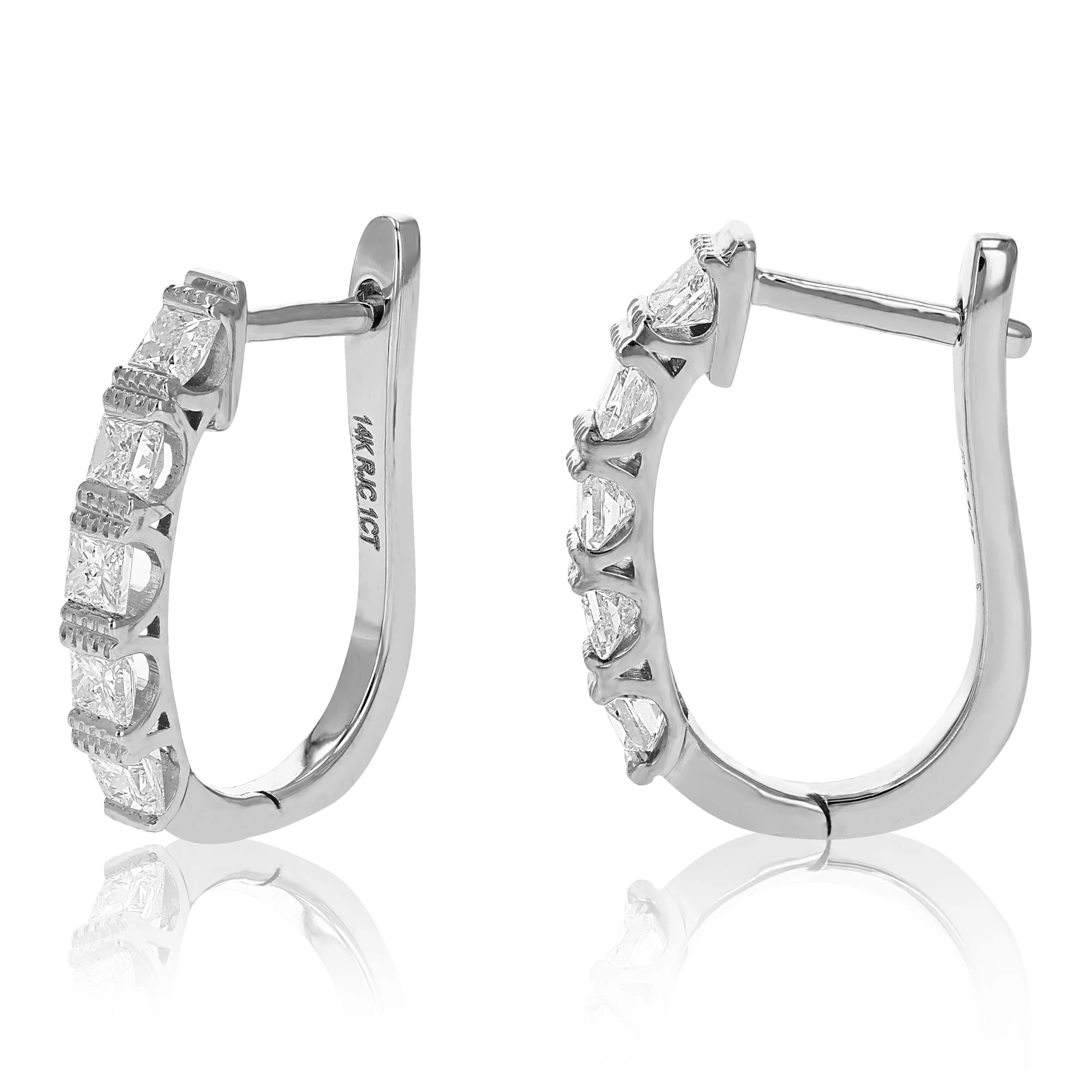 1 cttw Princess Diamond Hoop Earrings 14K White Gold Milgrain Prong Set 3/4 Inch