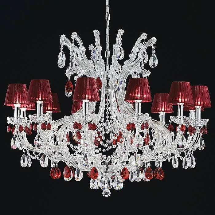 12 Light Chrome Chandelier With Red Cut Crystal Pendants