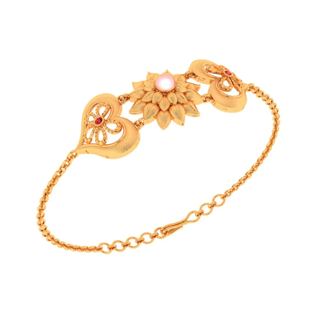 14k Elegant Peace Six Flowers Red Gems And Pink Pearl Bracelet