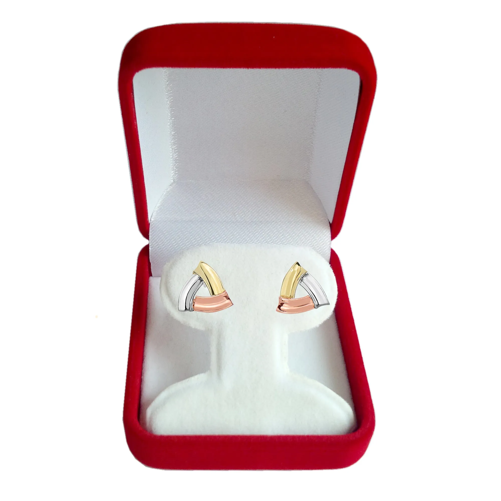 14k Tricolor Yellow Rose And White Gold Open Triangle Shaped Stud Earrings, 10mm