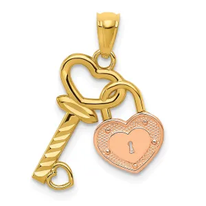 14k Two-Tone Gold Heart Lock and Key Pendant