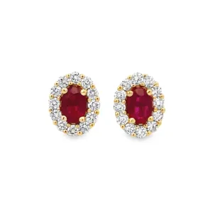 14K Yellow Gold Ruby and Diamond Halo Earrings