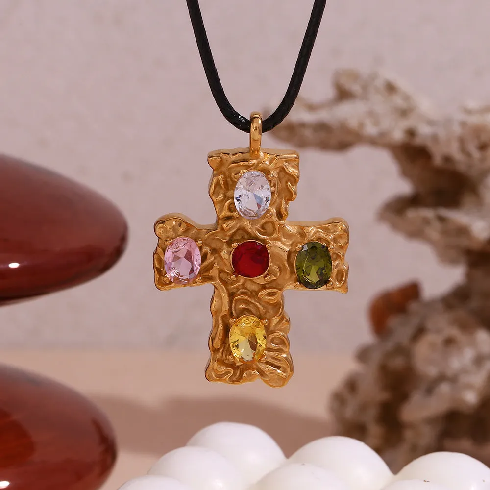 18K colorful hammered cross