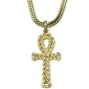 18k Gold Plated Cuban Link Egyptian Ankh Pendant with 2.4mm Flat Franco Chain