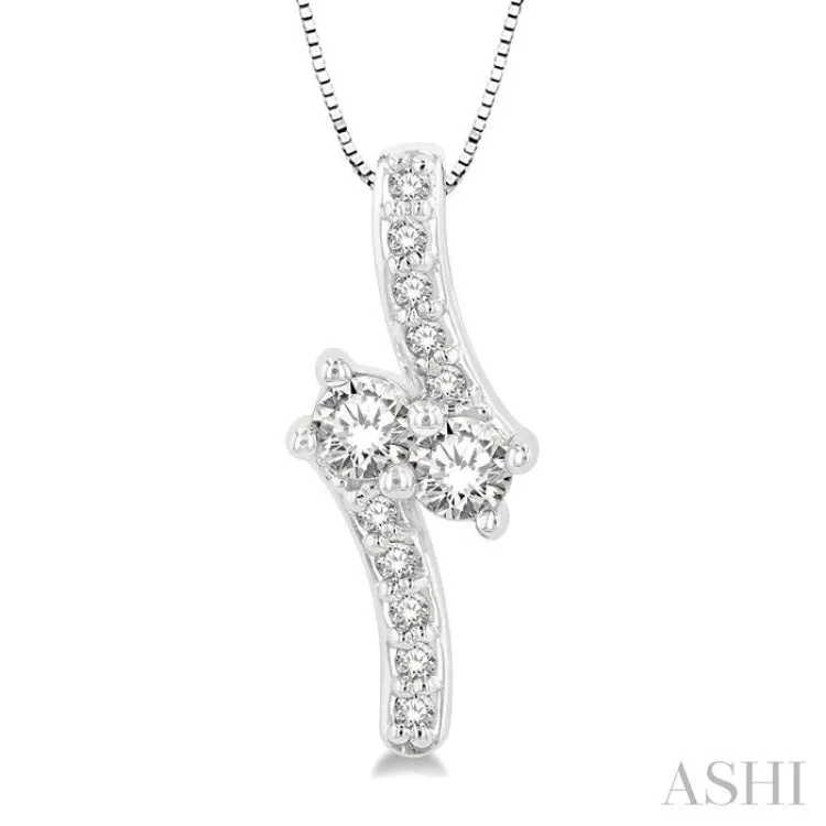 3/8 Ctw Asymmetrical 2Stone Round Cut Diamond Pendant With Box Link Chain in 14K White Gold