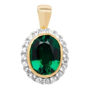 9 CT GOLD OVAL CREATED EMERALD & WHITE SAPPHIRE PENDANT