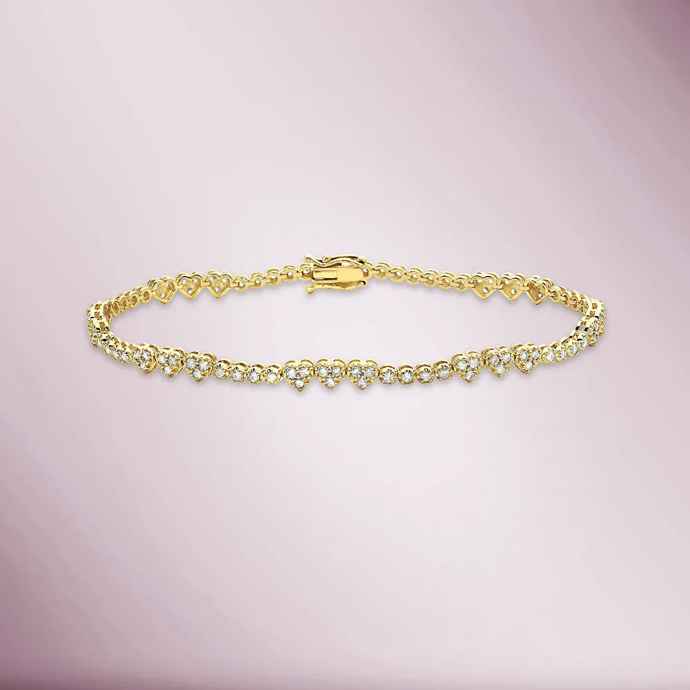 Alternate Diamond Heart Shape Tennis Bracelet (1.65 ct.) 2.8 mm Buttercup Setting in 14K Gold