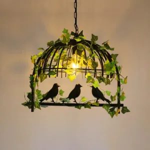 Antique Iron Birdcage Suspension Light with Green Artificial Ivy - Perfect for Restaurant Island Chandelier