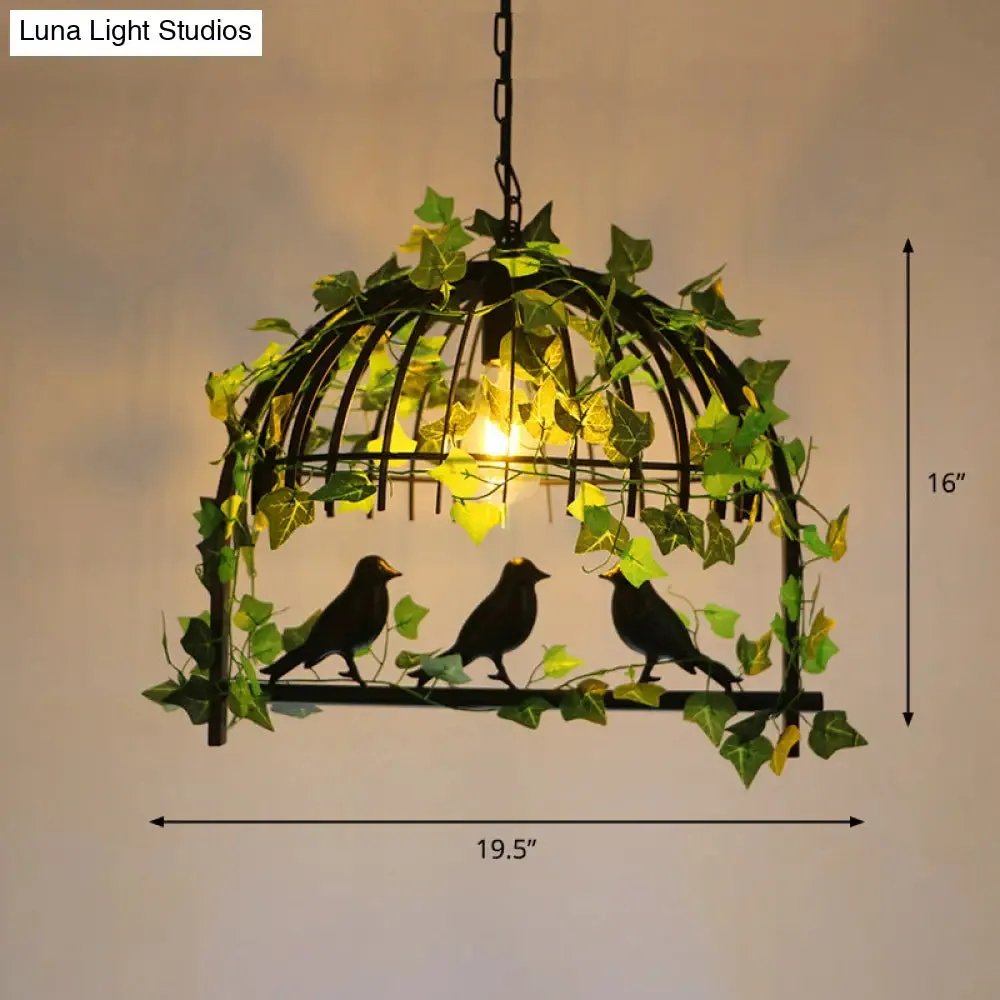 Antique Iron Birdcage Suspension Light with Green Artificial Ivy - Perfect for Restaurant Island Chandelier