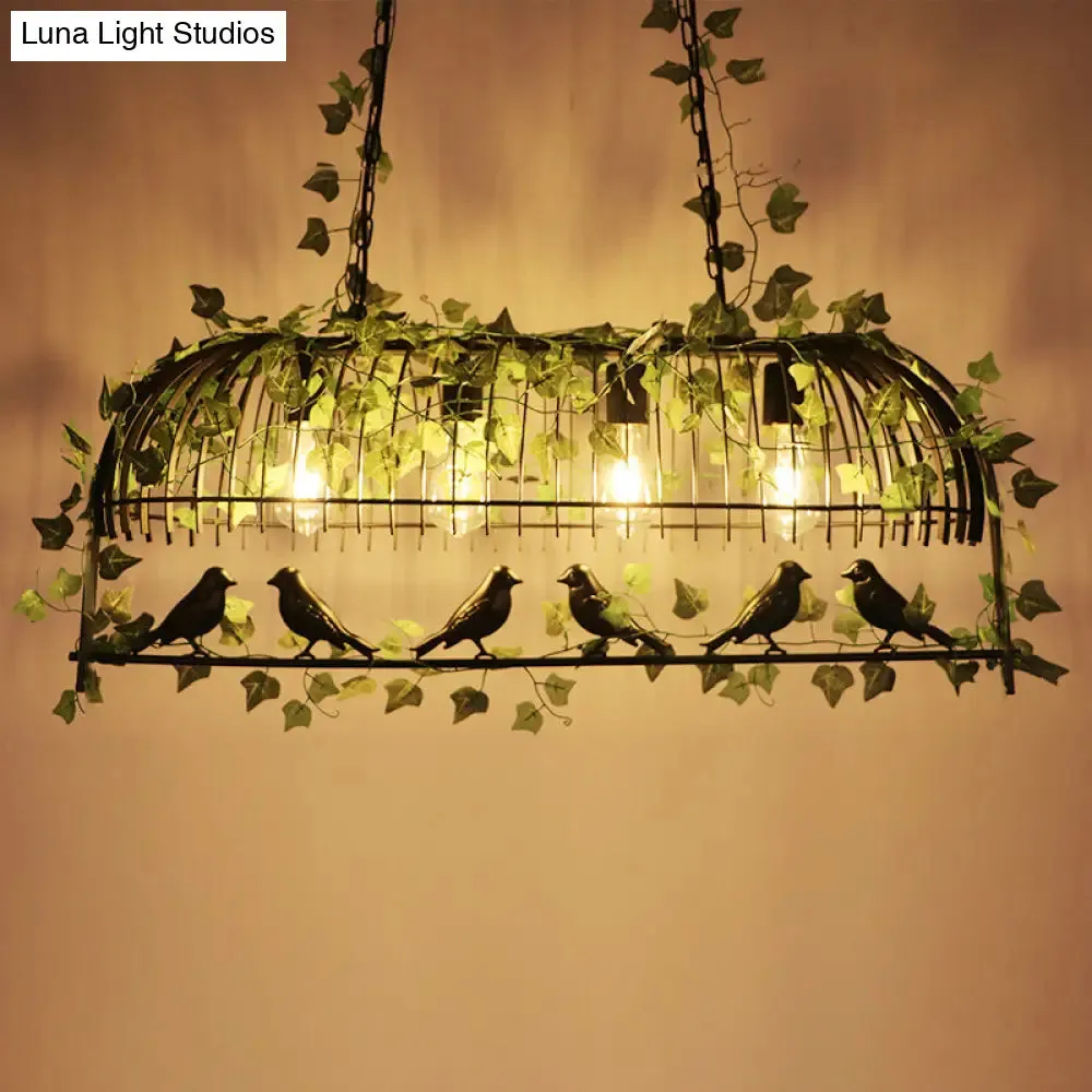 Antique Iron Birdcage Suspension Light with Green Artificial Ivy - Perfect for Restaurant Island Chandelier