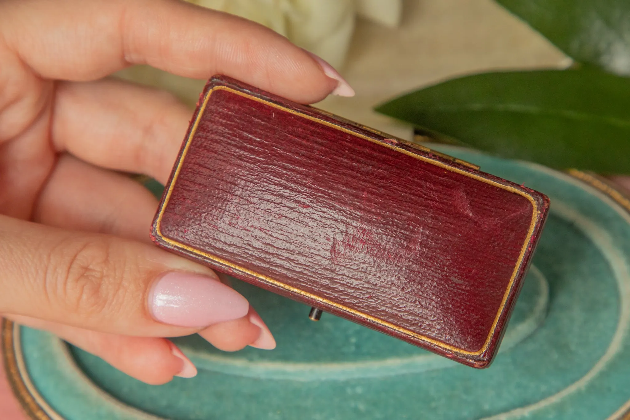 Antique Red Brooch Box by 'Pearce & Sons Goldsmiths', Royal Blue Velvet Cushion