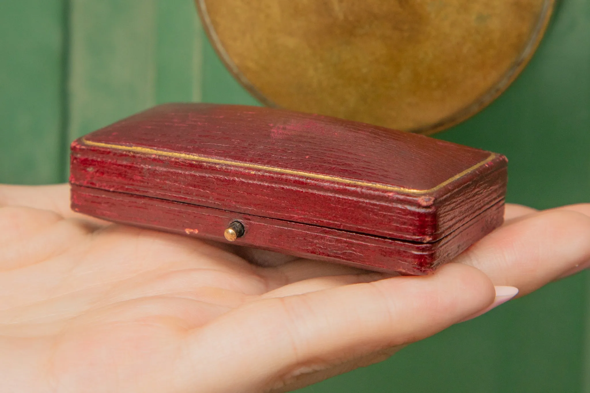 Antique Red Brooch Box by 'Pearce & Sons Goldsmiths', Royal Blue Velvet Cushion