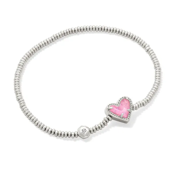 Ari Heart Silver Pink Iridescent Glitter Glass Stretch Bracelet by Kendra Scott