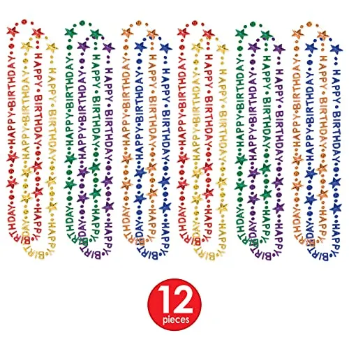 Beistle 12 Piece Colorful Plastic Happy Birthday Necklaces Party Favors, 36", Multicolored