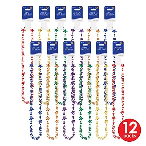 Beistle 12 Piece Colorful Plastic Happy Birthday Necklaces Party Favors, 36", Multicolored