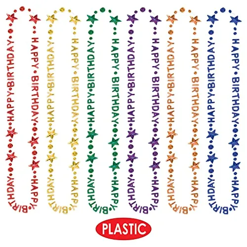 Beistle 12 Piece Colorful Plastic Happy Birthday Necklaces Party Favors, 36", Multicolored