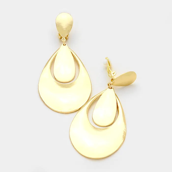 Bold Teardrop Doorknocker Clip Earrings-Goldtone