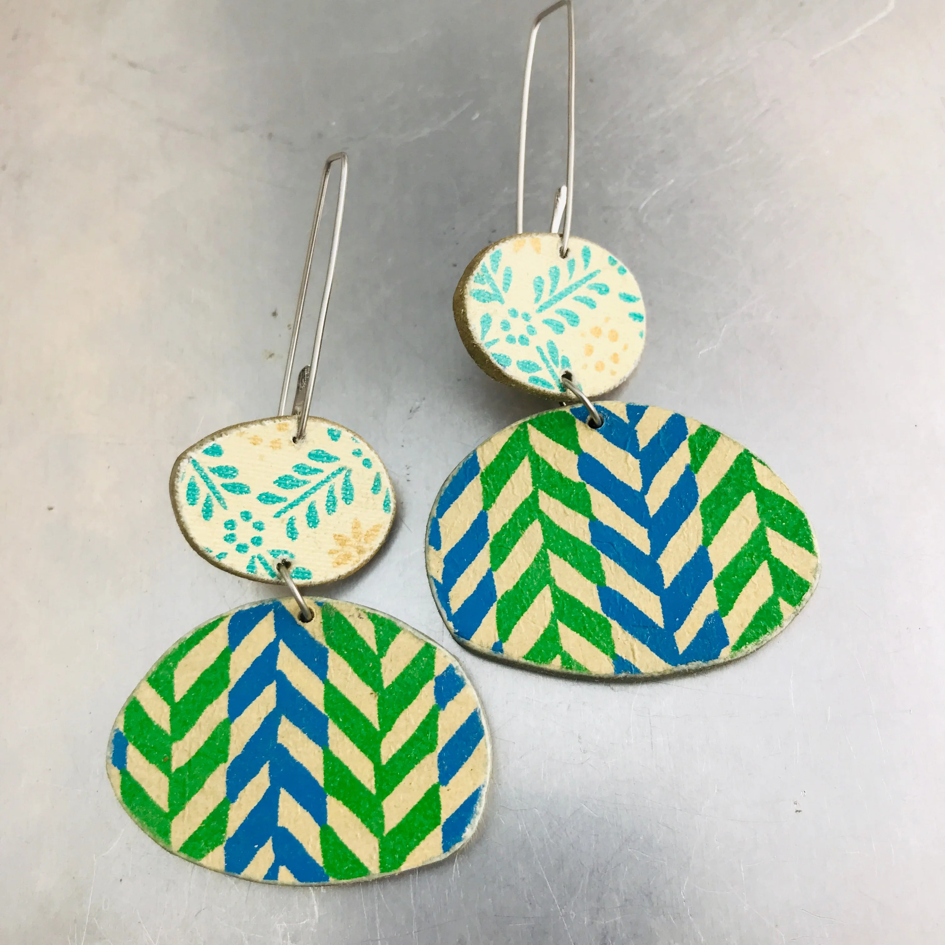 Book Pebbles Mixed Blues & Greens Recycled Book Cover Earrings