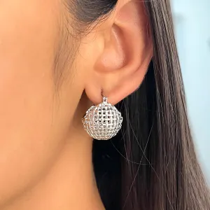 Contemporary Bold Silver-Toned Metallic Mini Disco Ball Basket Hoop Earrings