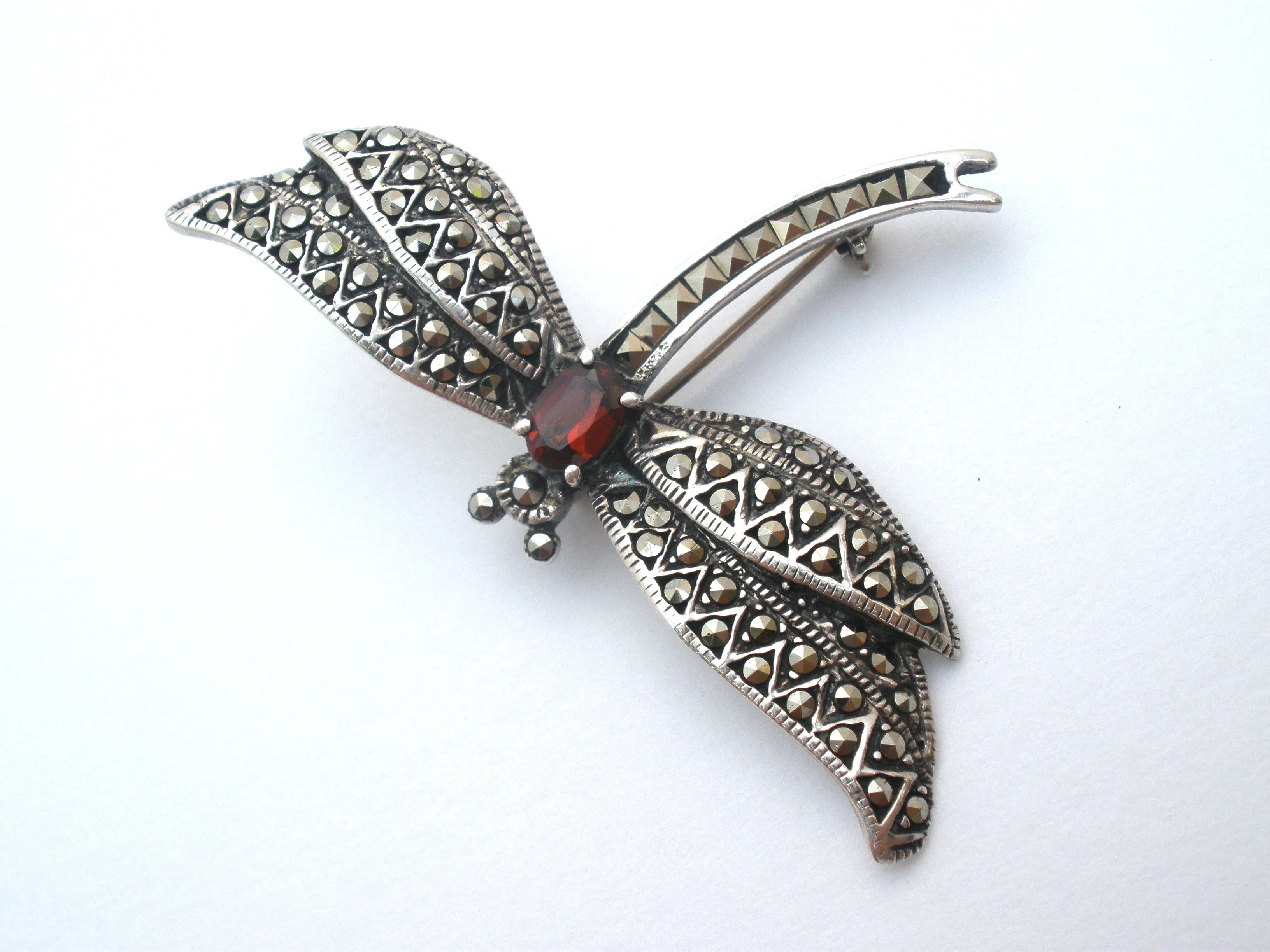 Dragonfly Brooch Pin With Garnet & Marcasites