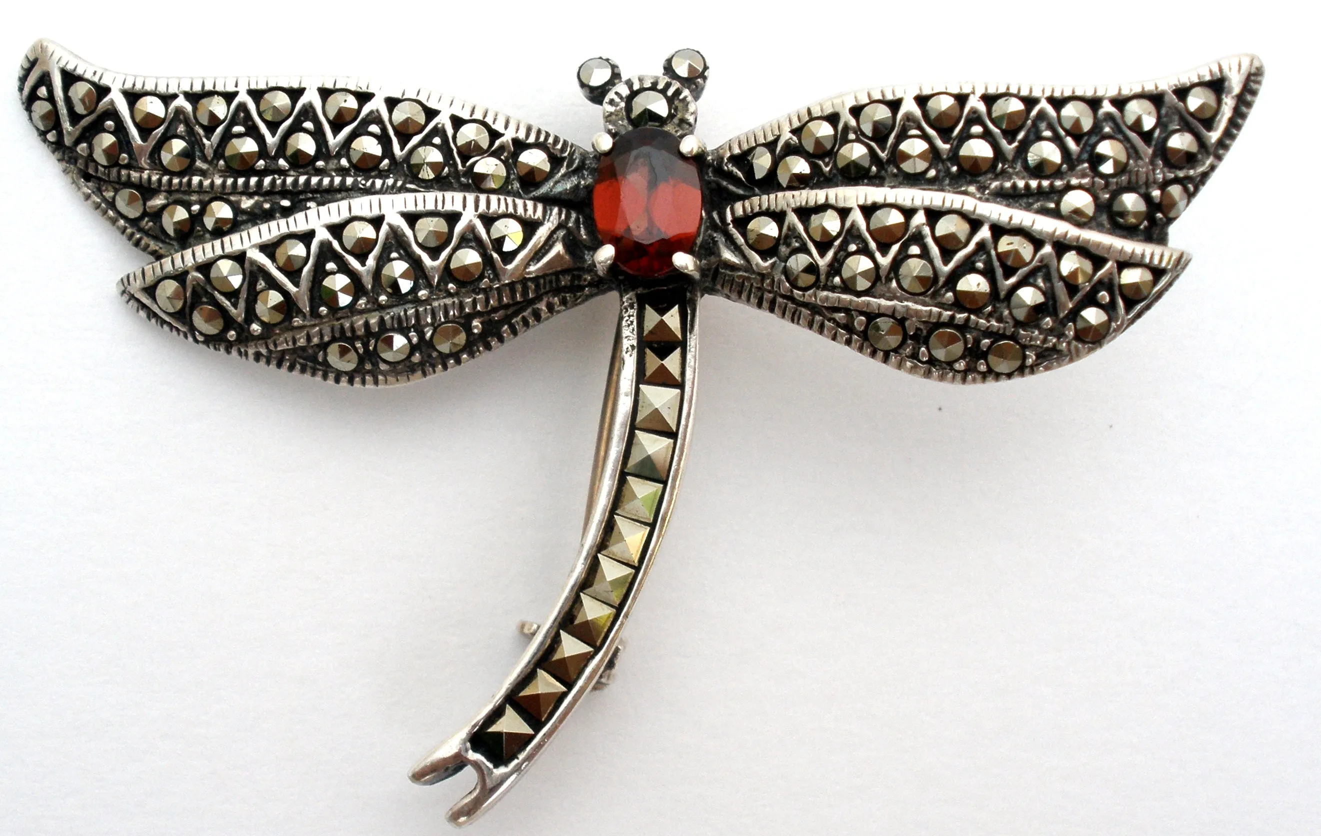 Dragonfly Brooch Pin With Garnet & Marcasites