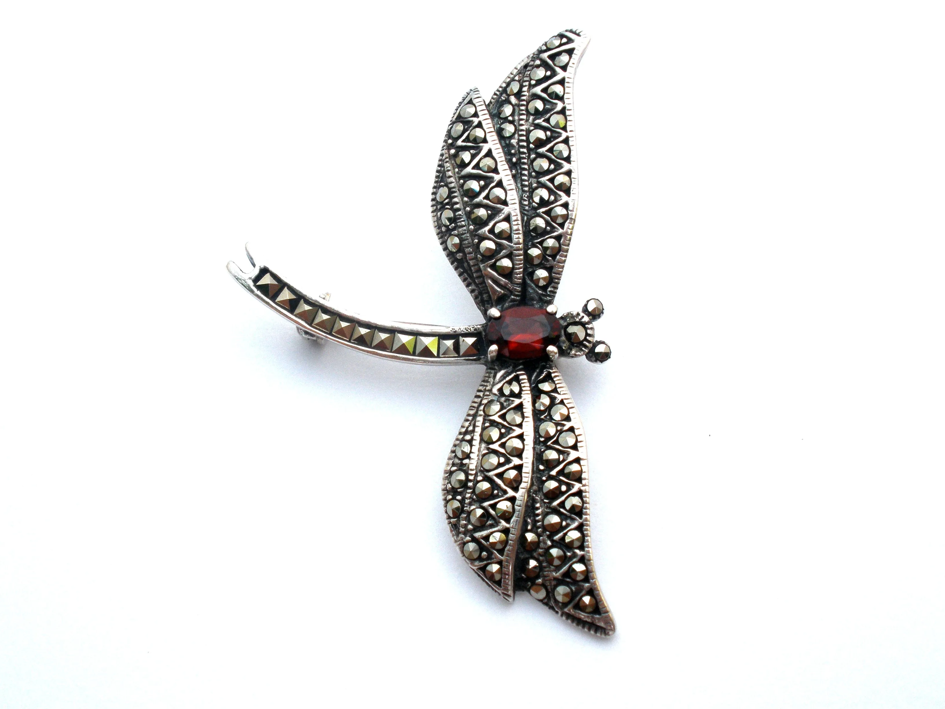 Dragonfly Brooch Pin With Garnet & Marcasites