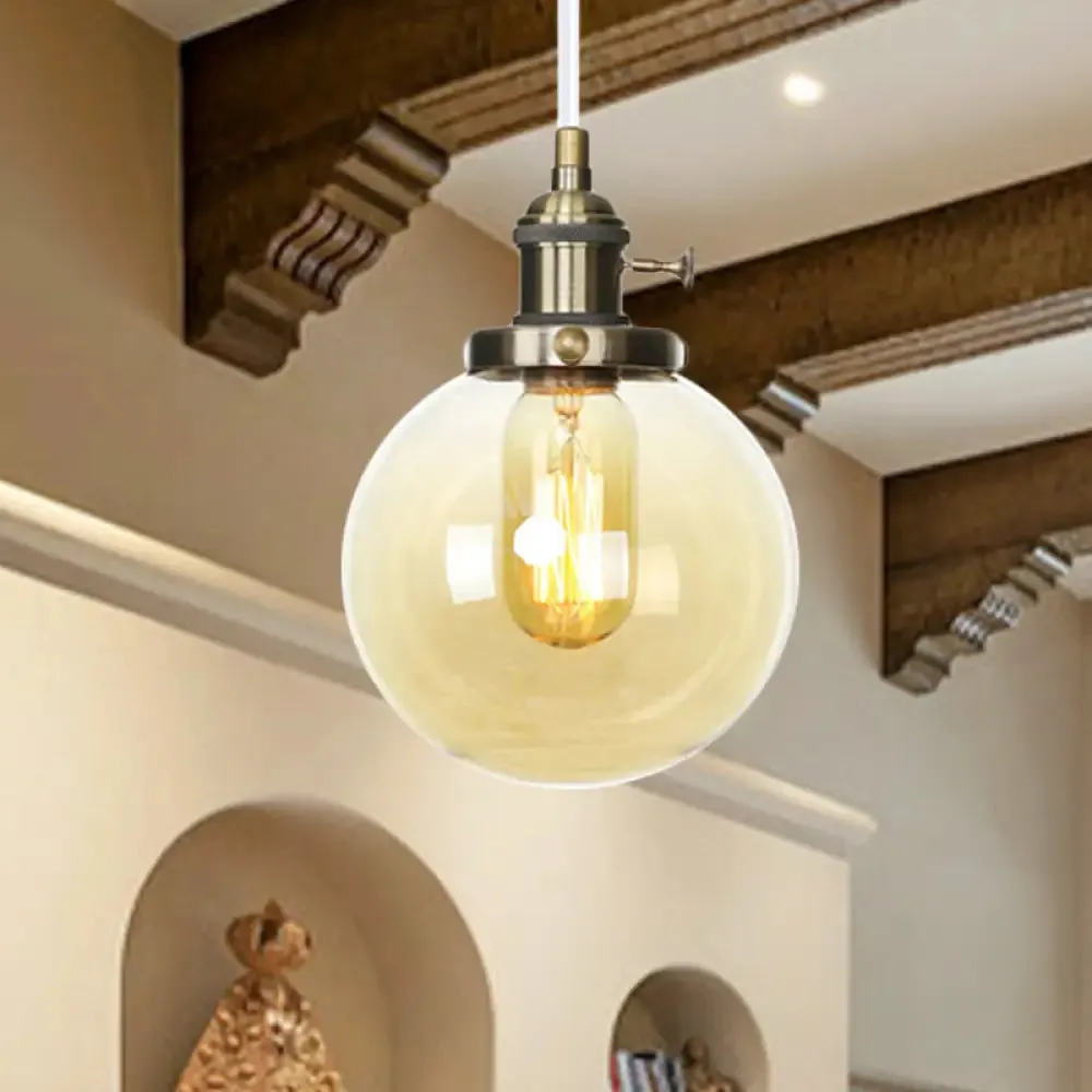 Farmhouse Orbit Pendant Light with Amber/Clear Glass and Adjustable Cord in 3 Elegant Finish Options