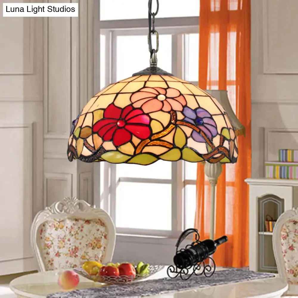 Floral Tiffany Stained Glass Suspension Light - Black Pendent Ceiling Light for Living Room