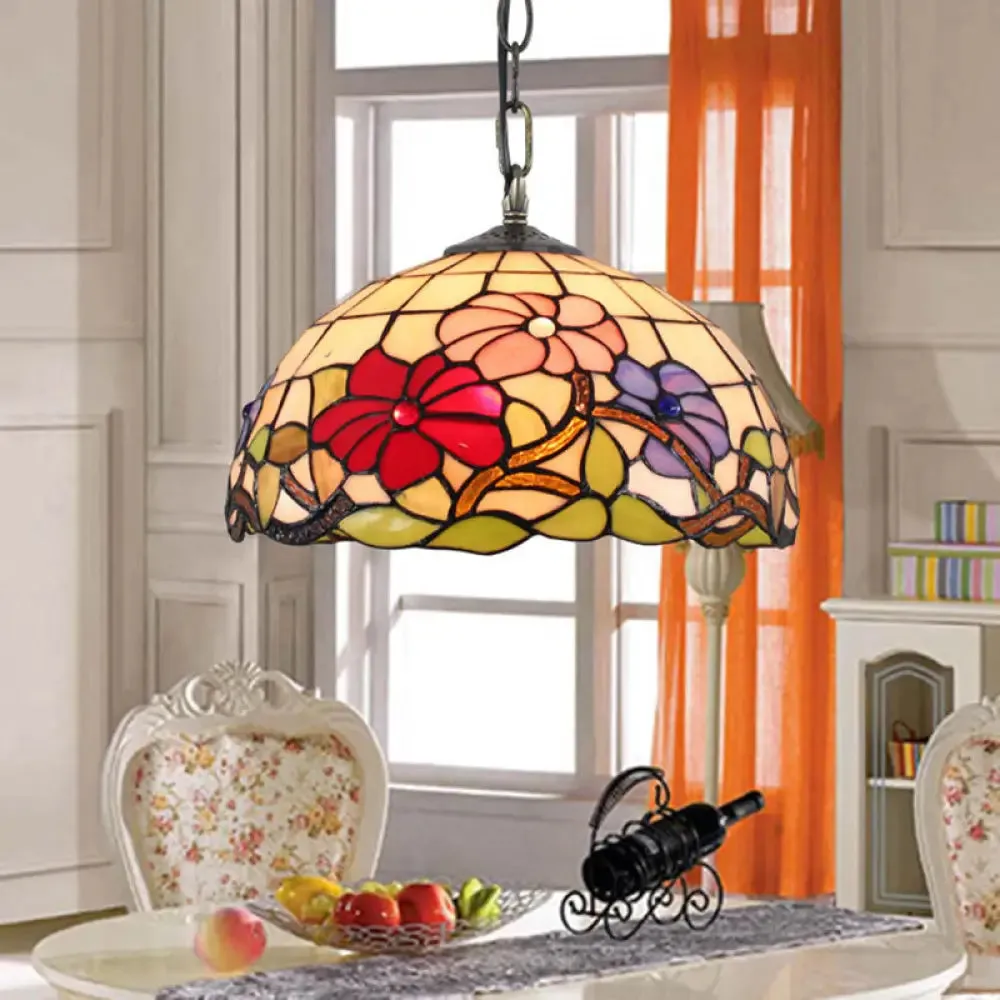 Floral Tiffany Stained Glass Suspension Light - Black Pendent Ceiling Light for Living Room