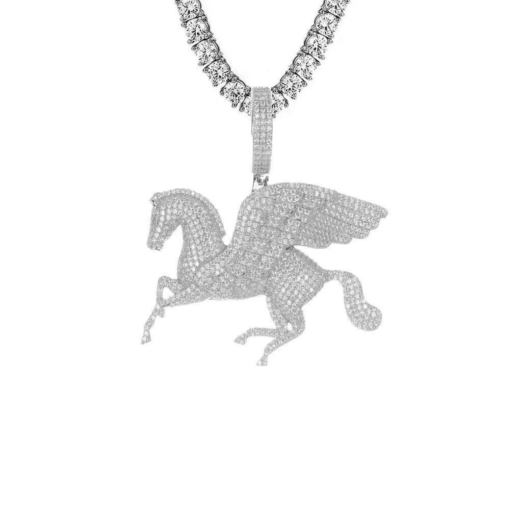 Flying Horse Icy Custom Mens White Tone Animal Pendant