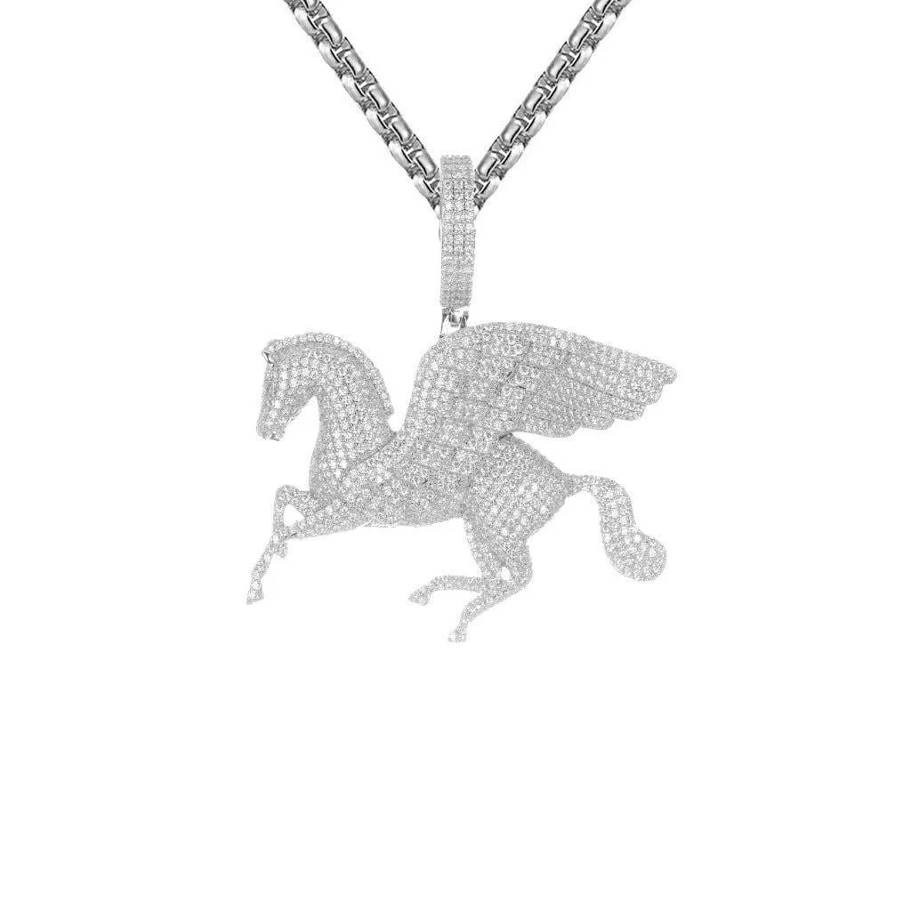 Flying Horse Icy Custom Mens White Tone Animal Pendant