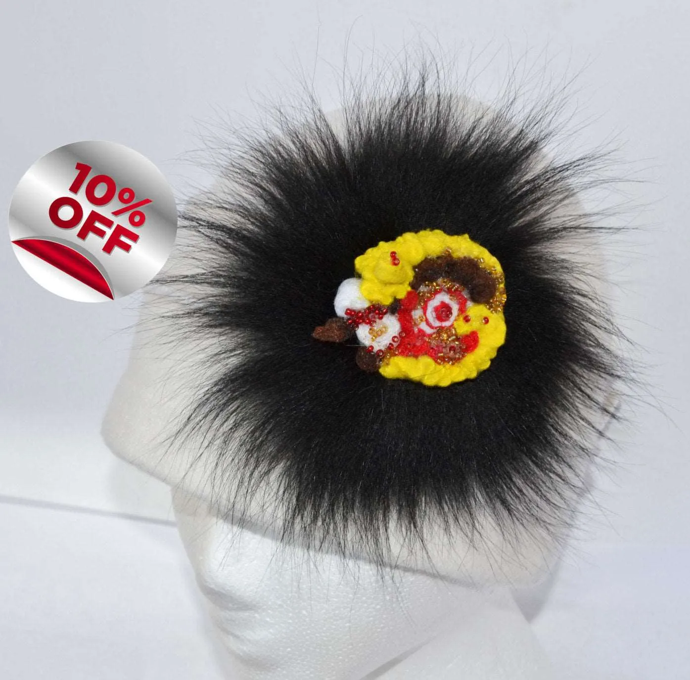 FUR BROOCH! Fox Fur, Real Fur, Rosette, Brooch for Hat, Flower Brooch, Pin, Hat, Coat, Scarf, Shawl, hat accessories, black, black brooch