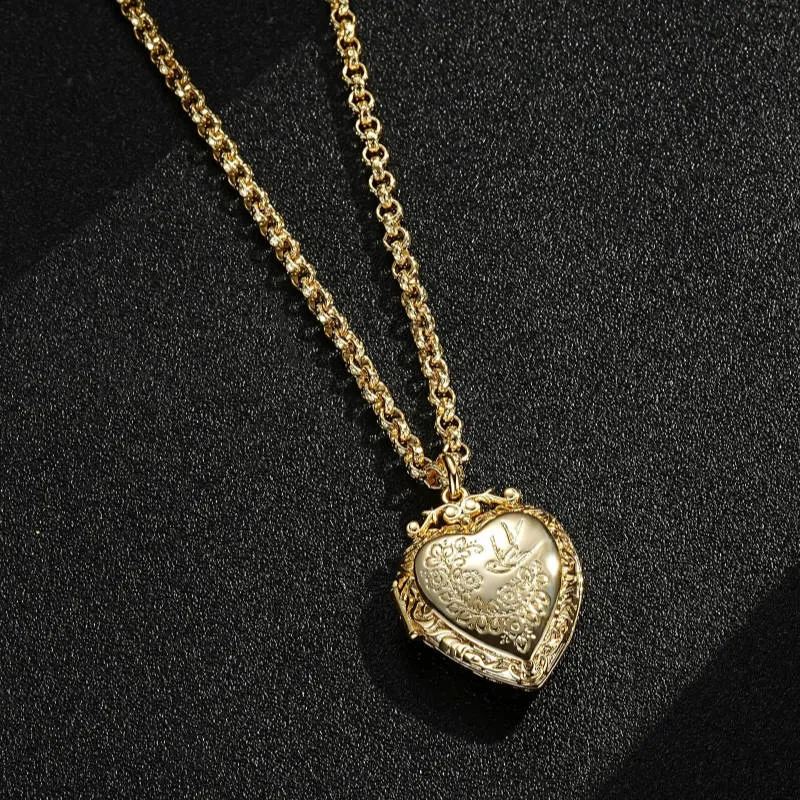 Gold Heart Locket with Birds and Flowers 22 Inch 4mm Belcher Chain