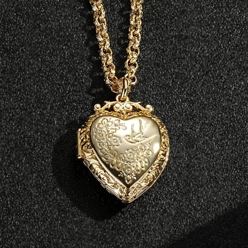 Gold Heart Locket with Birds and Flowers 22 Inch 4mm Belcher Chain