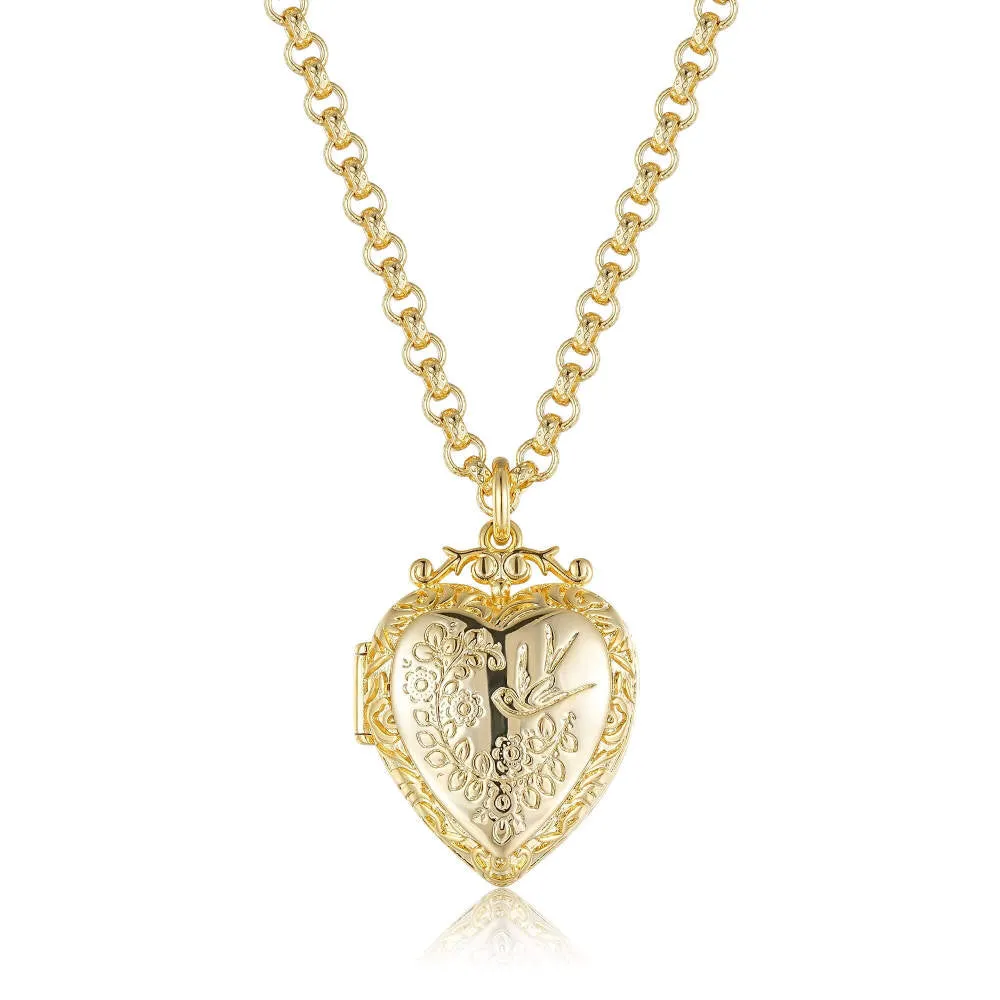 Gold Heart Locket with Birds and Flowers 22 Inch 4mm Belcher Chain