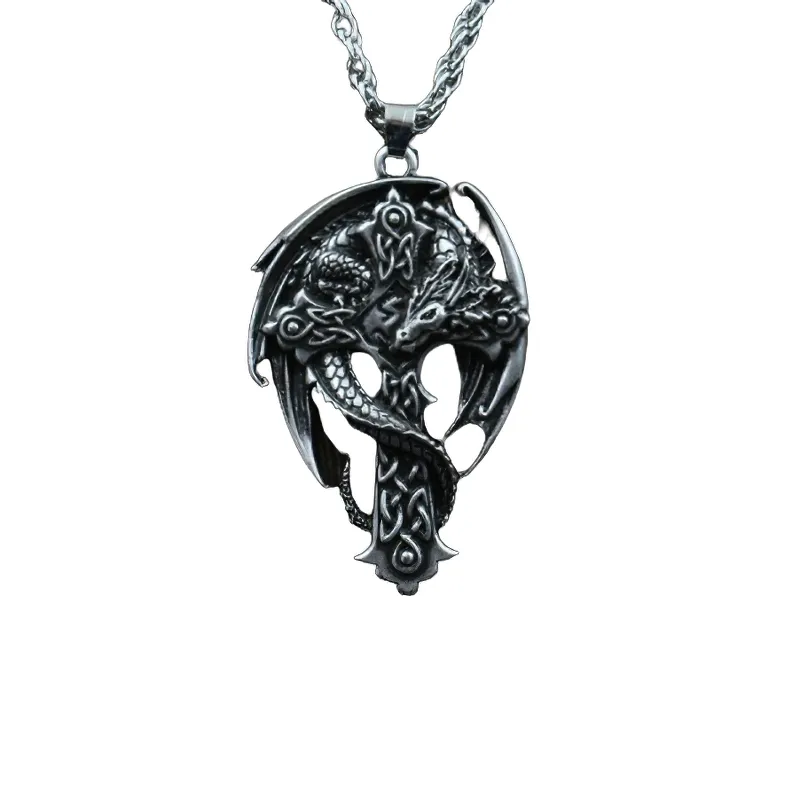 Gothic Dragon On The Cross Design Steel Pendant / Unisex Stylish Stainless Steel Necklace