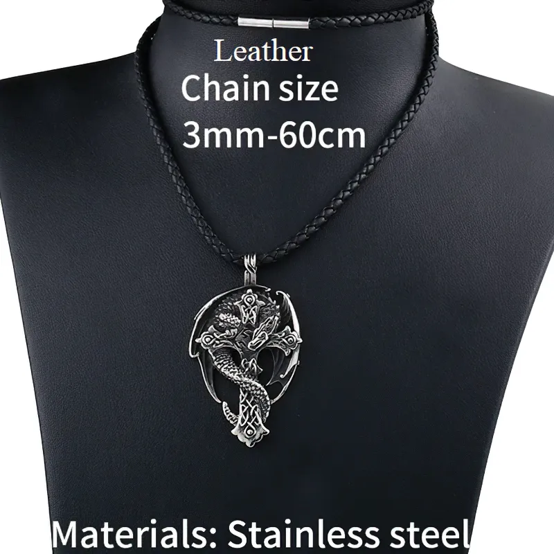 Gothic Dragon On The Cross Design Steel Pendant / Unisex Stylish Stainless Steel Necklace