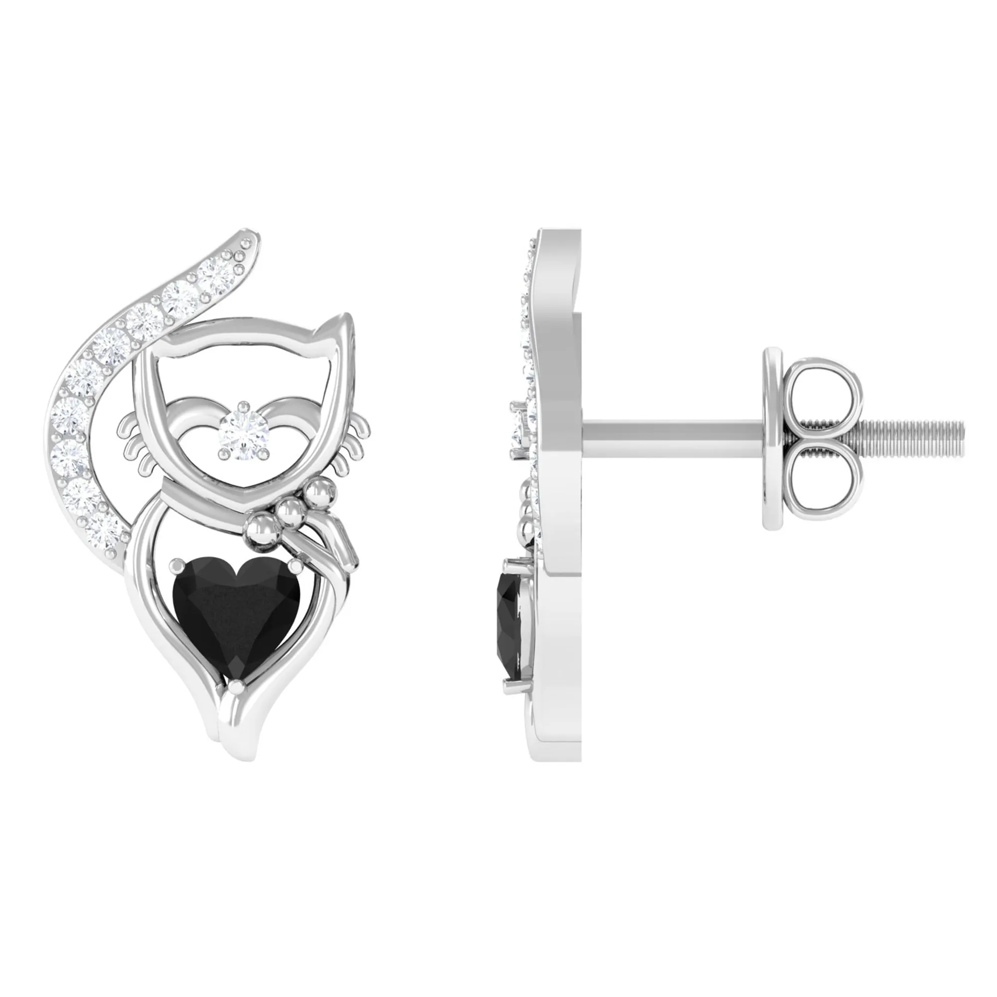 Heart Shape Created Black Diamond and Diamond Cute Cat Stud Earrings