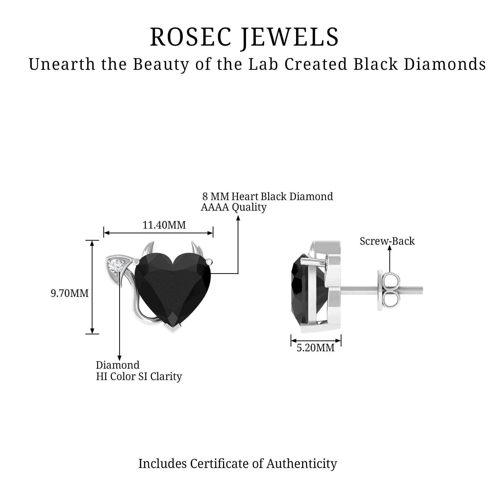 Heart Shape Lab Grown Black Diamond Gothic Stud Earrings with Diamond