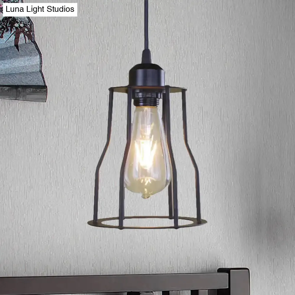 Industrial Style Hanging Ceiling Light with Metal Black Finish Cylinder Shade and Cage