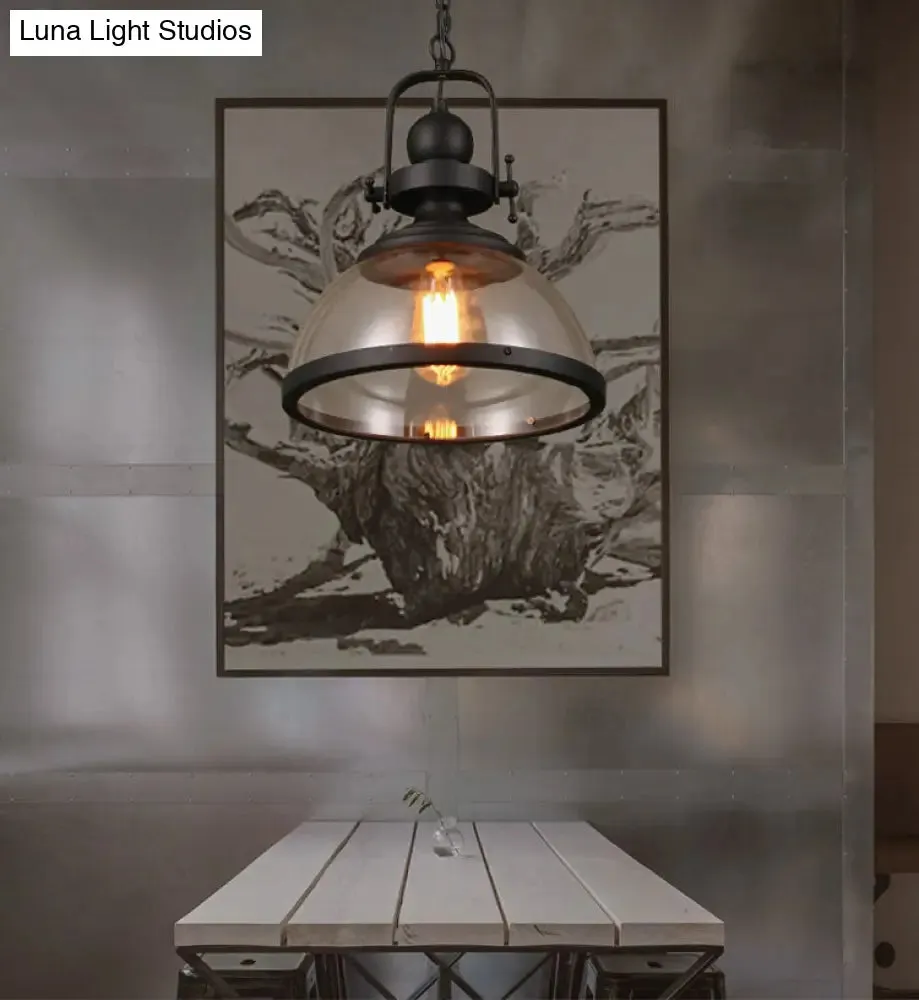 Industrial Style Pot Lid Pendant Lamp with Clear Glass Ceiling Fixture in Black