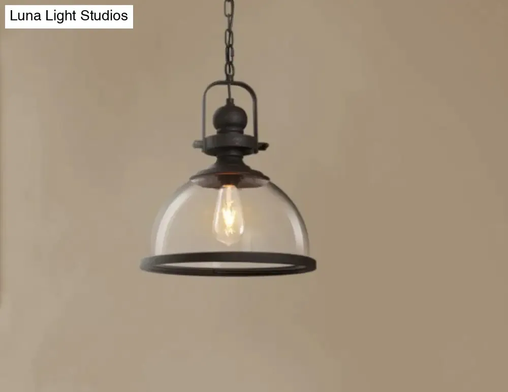 Industrial Style Pot Lid Pendant Lamp with Clear Glass Ceiling Fixture in Black