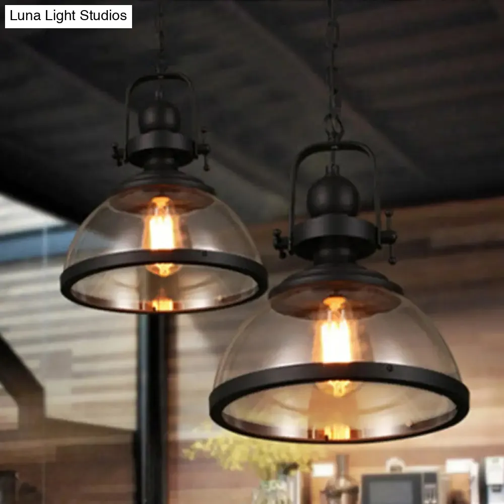 Industrial Style Pot Lid Pendant Lamp with Clear Glass Ceiling Fixture in Black