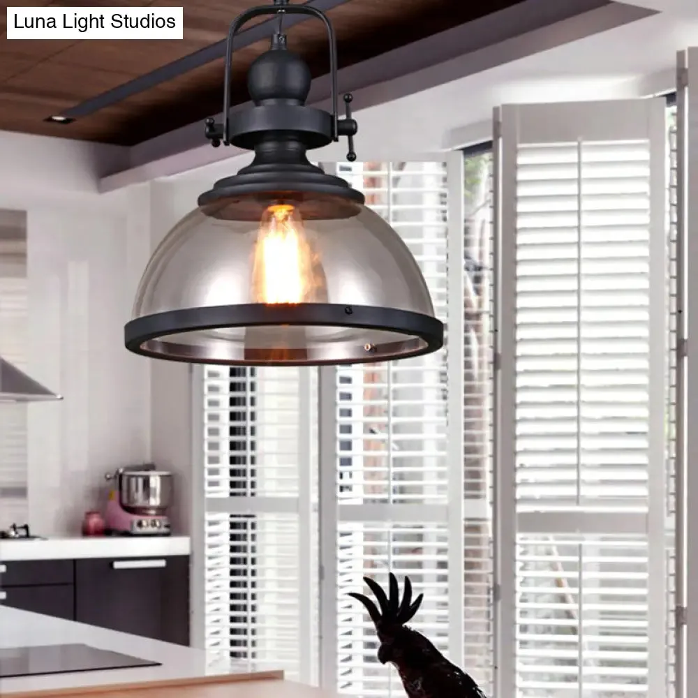 Industrial Style Pot Lid Pendant Lamp with Clear Glass Ceiling Fixture in Black