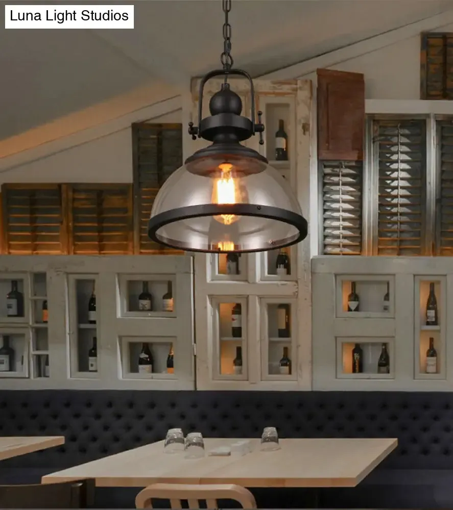 Industrial Style Pot Lid Pendant Lamp with Clear Glass Ceiling Fixture in Black