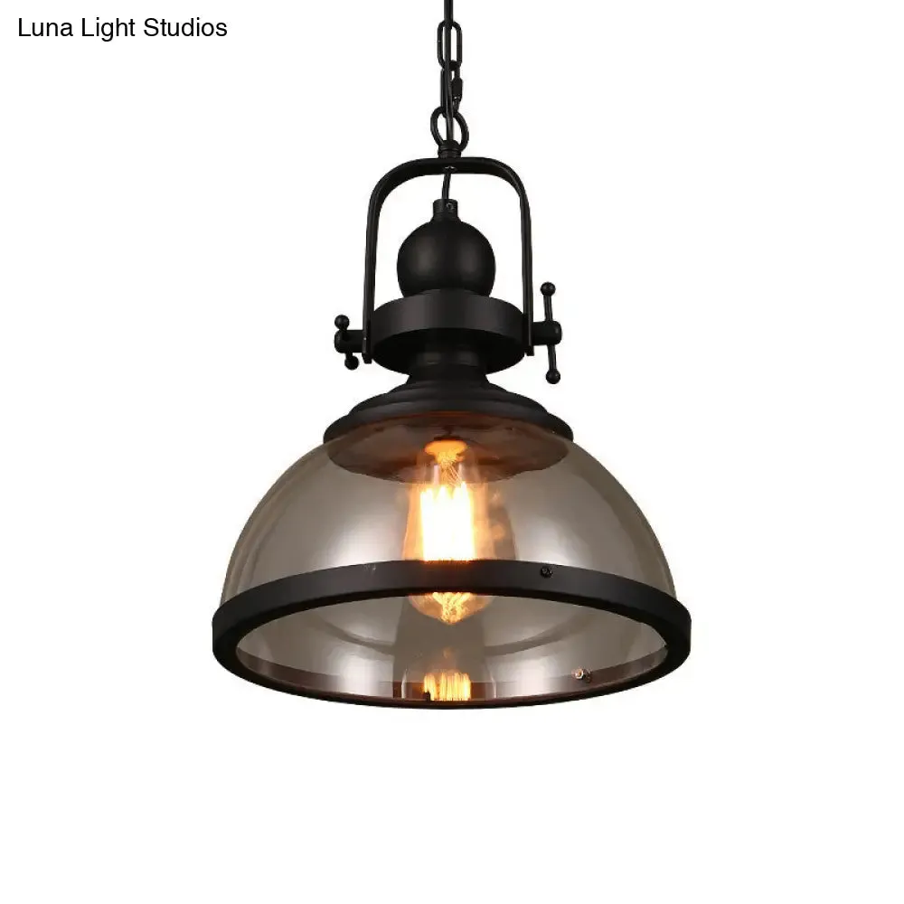 Industrial Style Pot Lid Pendant Lamp with Clear Glass Ceiling Fixture in Black