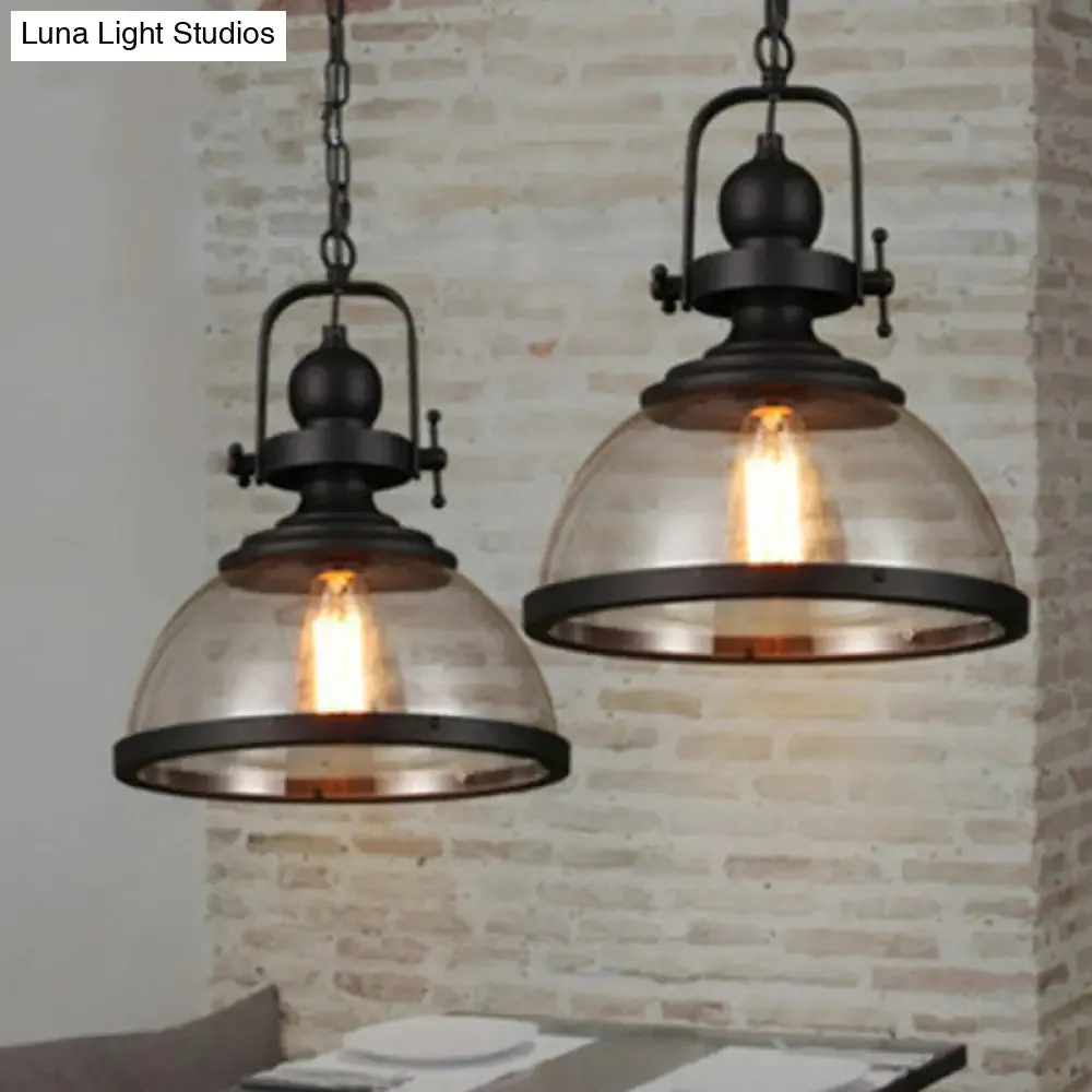 Industrial Style Pot Lid Pendant Lamp with Clear Glass Ceiling Fixture in Black