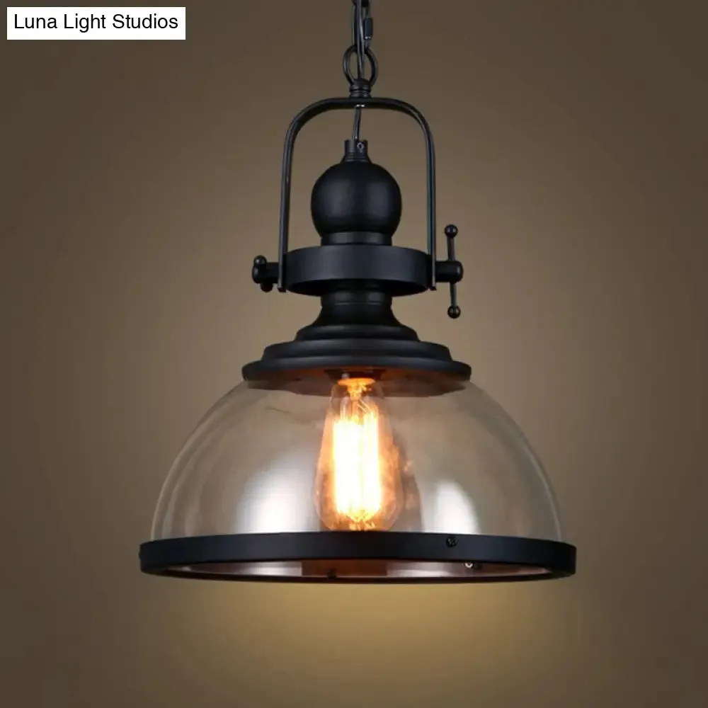 Industrial Style Pot Lid Pendant Lamp with Clear Glass Ceiling Fixture in Black