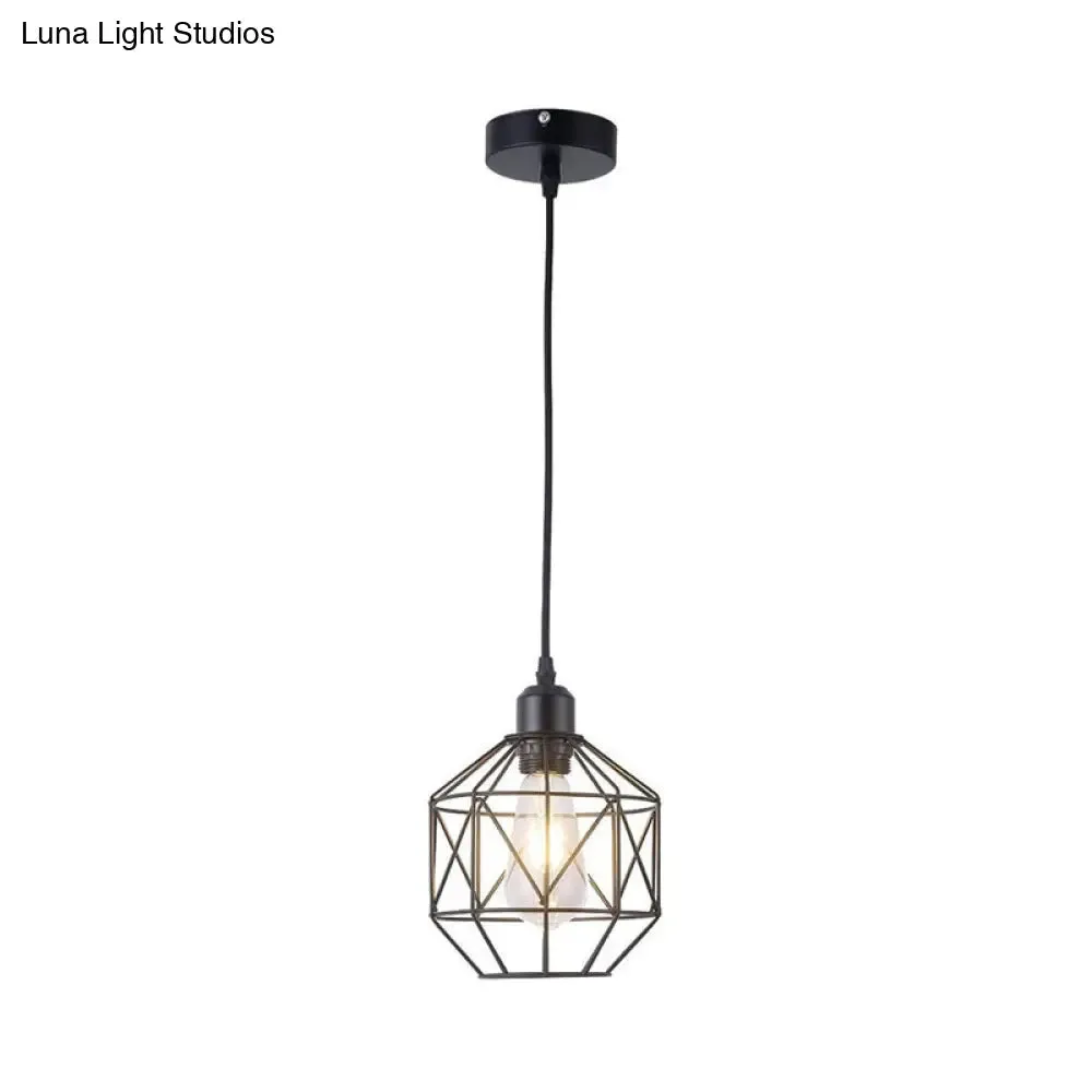 Industrial-Style Prism Cage Pendant Light - 1 Head Down Lighting in Black for Dining Room